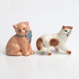 2 Small Vintage Kitty Cat Ceramic Figurines Calico and Peach Kitty Blue Bow
